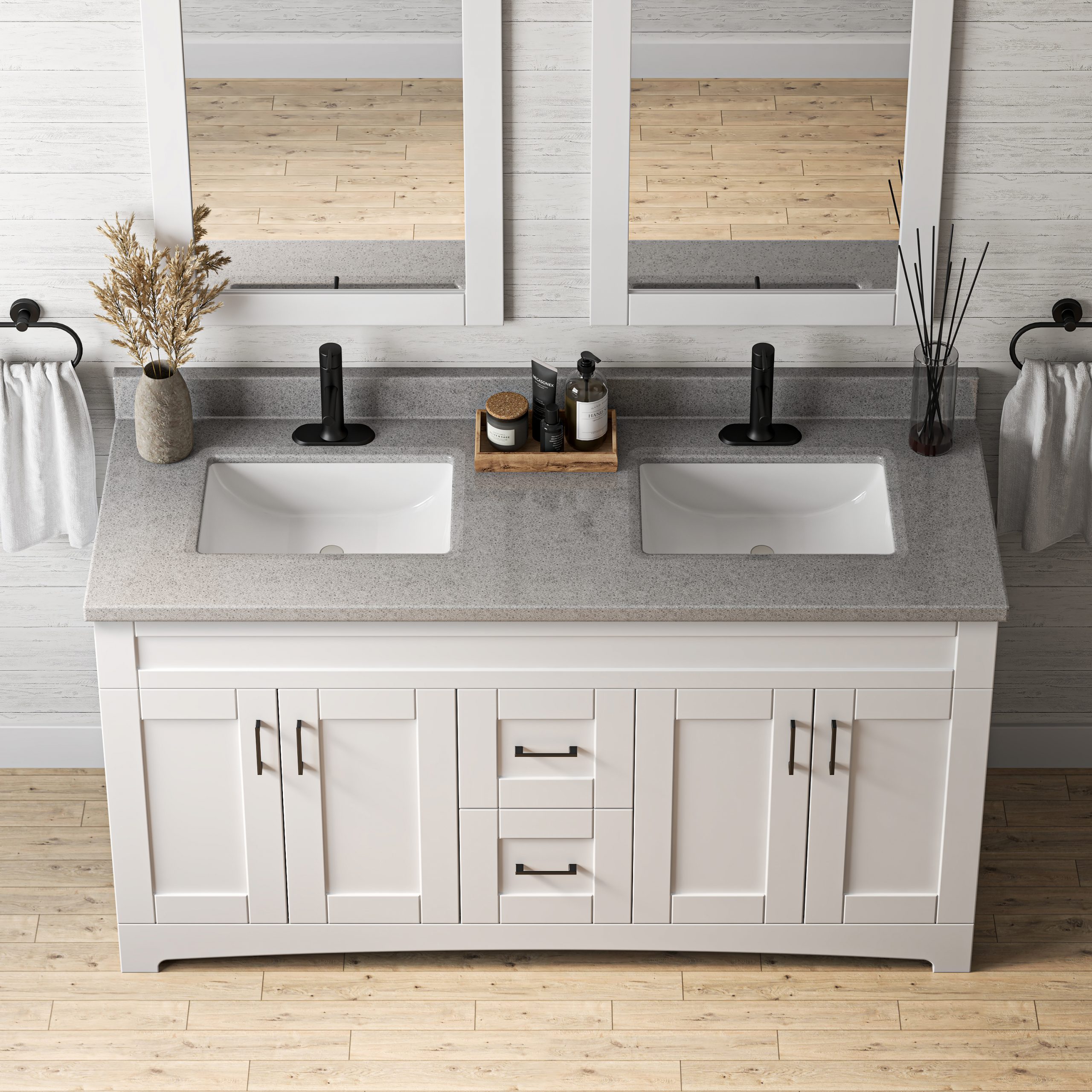 61"W x 22"D Luna Cultured Marble VT with Rect Wave Bowls - Image 4